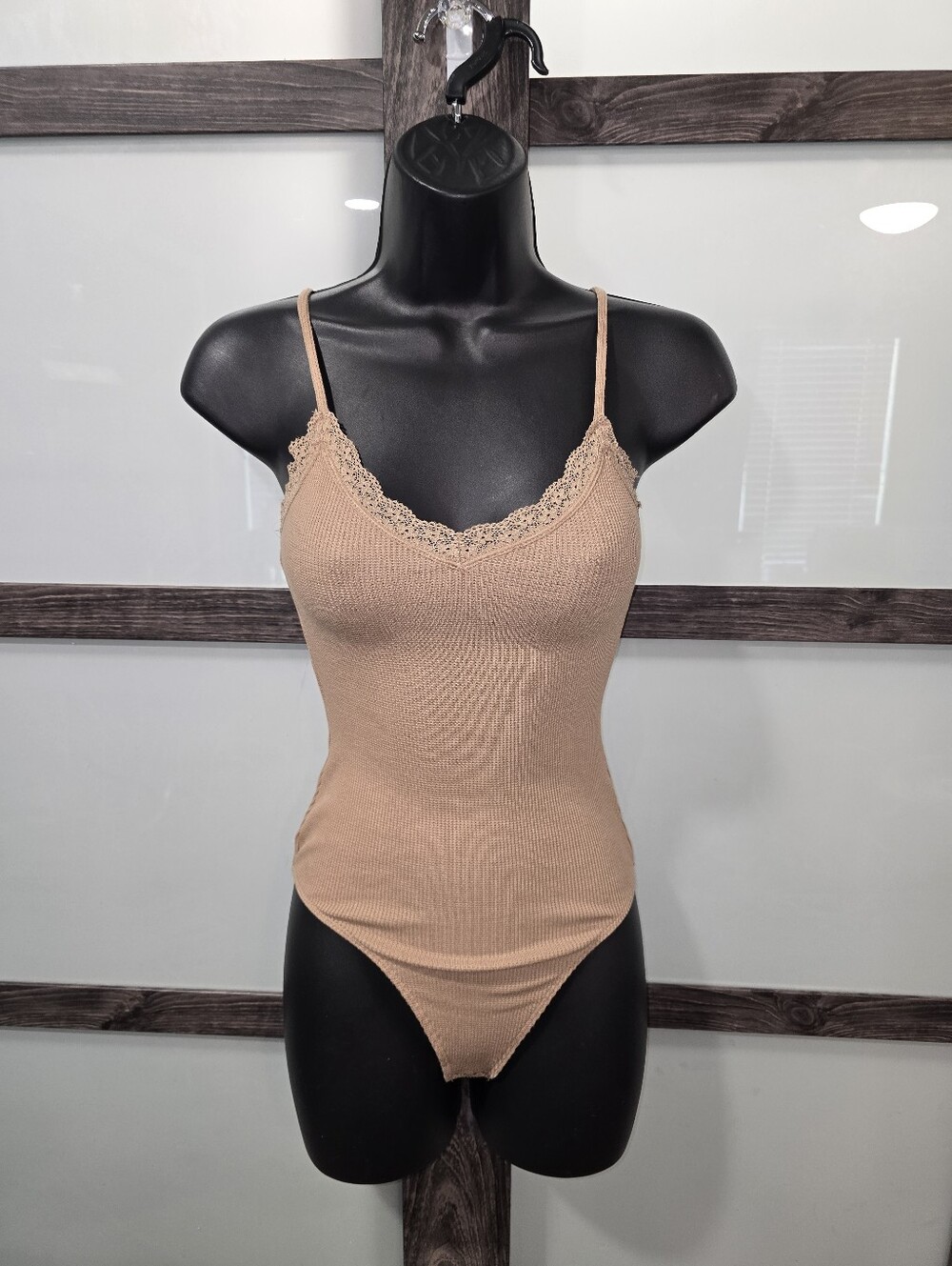 American Eagle waffle knit lace trim brown bodysuit size XS